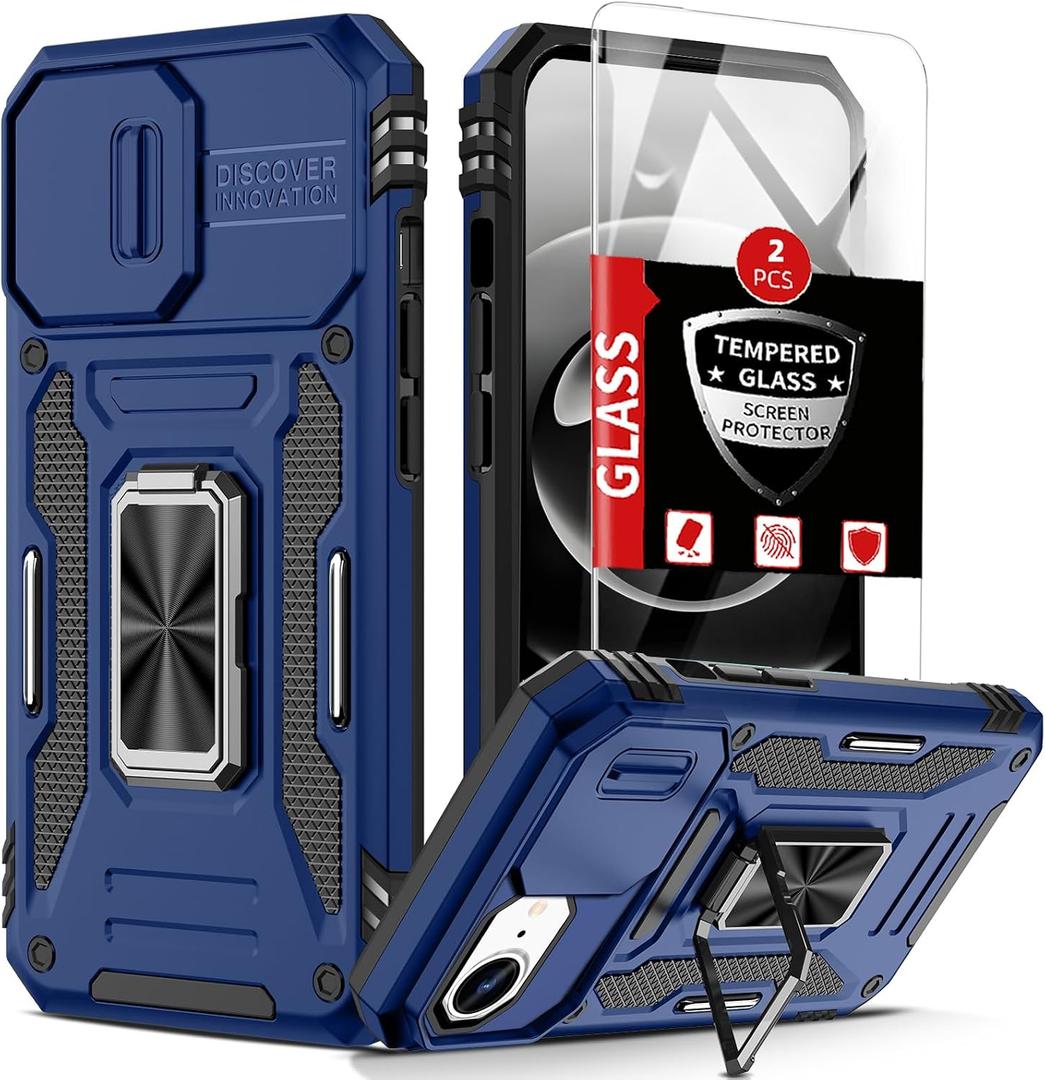 for iPhone 16E Case with 2 Screen Protectors,Built-in Slide Camera Cover,for 16EPhone Case with 360Rotation Stand Ring,Shockproof Anti-Scratch Military-Grade Drop Heavy Duty Protection Blue