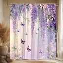 Purple Floral Butterfly Shower Curtain Rustic Weeping Wisteria Blossom Watercolor Lavender Flower Green Leaves Spring Garden Nature Scenery Bathroom Decor Polyester Curtains with Hooks,70Wx70L