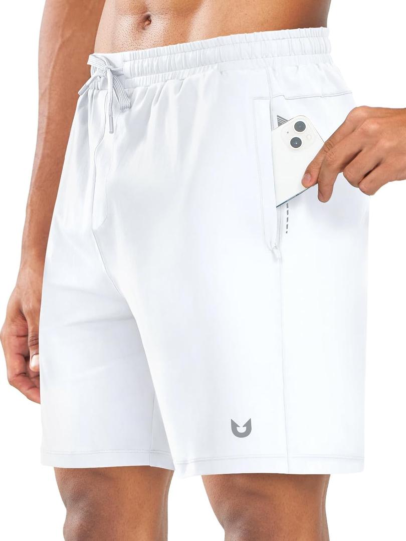 NORTHYARD Men's 7" Gym Shorts Knit Athletic Tennis Shorts for Men with Zipper Pockets for Workout Athletic Training (Large, White)