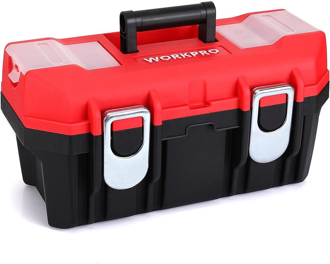 WORKPRO Tool Box Portable 16" with Removable Tray Heavy Duty Toolbox with 2 Metal Latches, Rated up to 33 Lbs, PP Plastic Small Tool Boxes with Lock Secured, Small Parts Organizer in Lid, black & red
