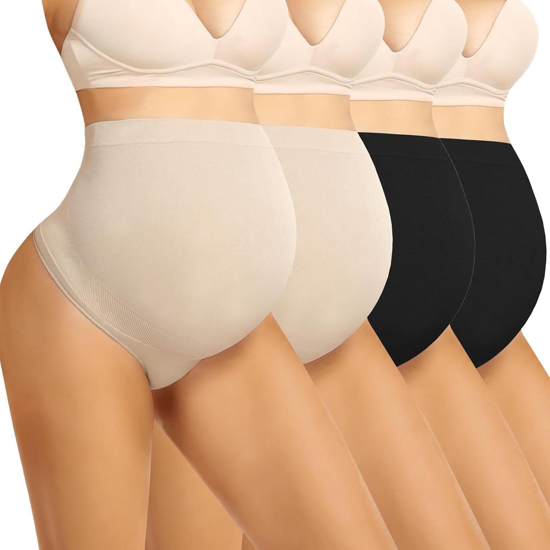 Maternity Underwear Thong Over Bump - Pregnancy Shapewear Over Belly Support Seamless Pregnant Panties for Women (Medium, Black/Nude)