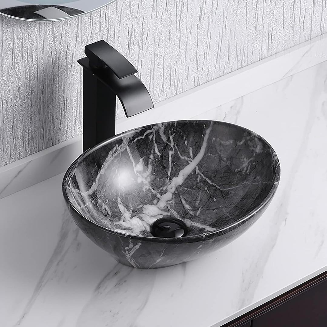 Davivy 16'' X 13.2'' Nordic Marbling Oval Vessel Sink with Pop Up Drain,Bathroom Vessel Sinks,Ceramic Vessel Sink,Bathroom Sinks Above Counter,Oval Sink Bowls for Bathroom