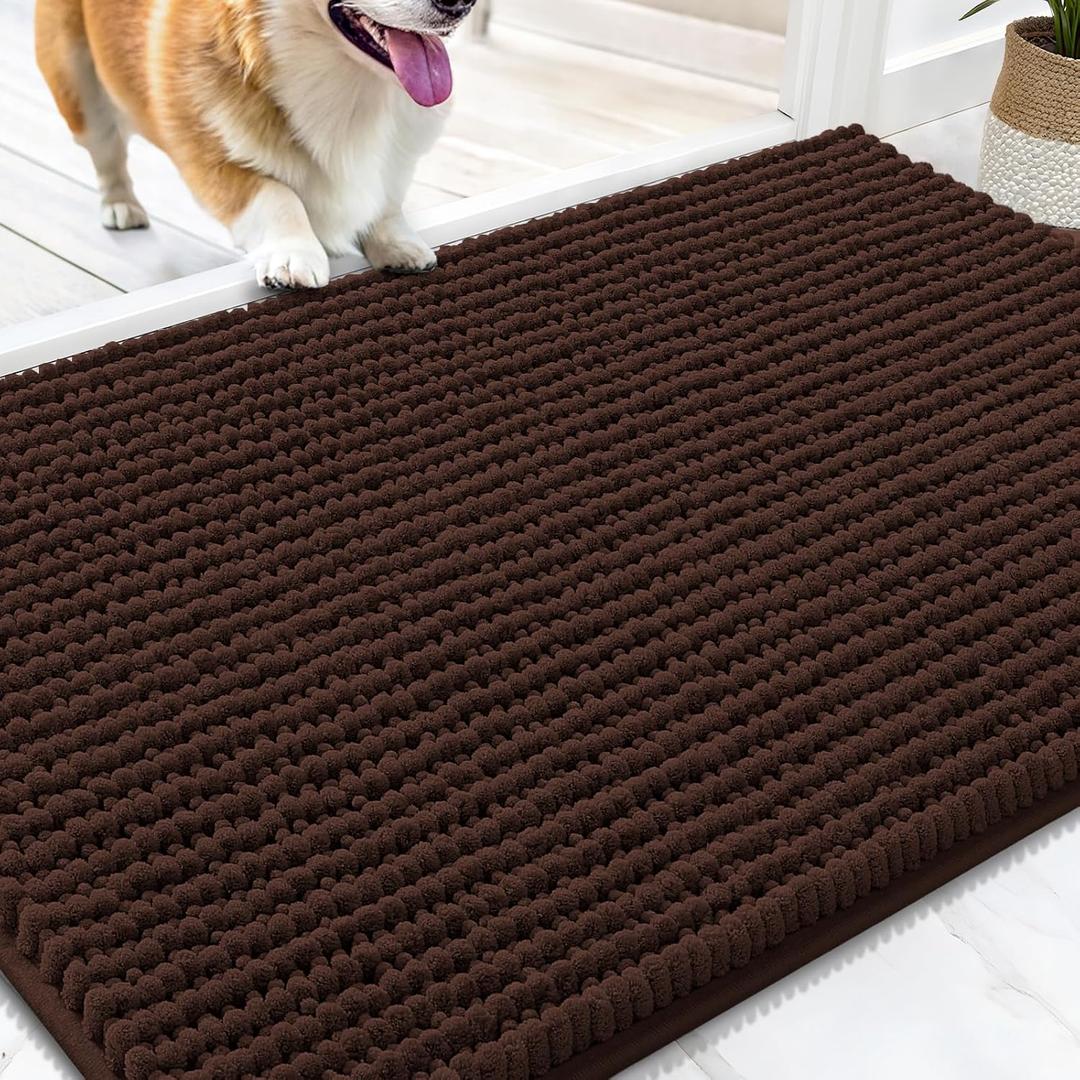 OLANLY Dog Door Mat for Muddy Paws 30x20, Ultra Absorbent Chenille Mud Doormat, Non-Slip Washable and Dirt Trapping Doormat for Indoor Entryway, Quick-Dry Indoor Pet Bed Mats for Dogs, Brown