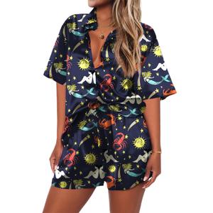 Ekouaer Pajamas for Women Silk Soft Sleepwear Short Sleeve Button Down Pjs Satin Top and Shorts 2 Piece Lounge Set Mermaid,Small (S)