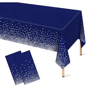 Mulbozy 2 Pcs Navy Blue Plastic Tablecloth Silver Dot Blue Table Cloths, 54108 inches Disposable DarkBlue Table Cover for Anniversary Friendsgiving Fine Dining Graduation Party Decoration