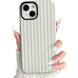 NITITOP Compatible with iPhone 15 Case Matte Cute Vertical Stripes for Women Girls Men Boy Striped Pattern Hybrid 2 Layers Back Shockproof Protective Cover - Green