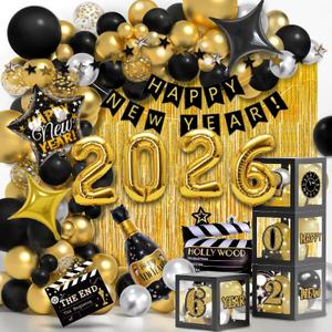 Party Spot! Happy New Year Decorations 2026 Black and Gold, Happy New Year Decorations Kit,2026 Balloons Boxes, "Happy New year"Banner,Fringe Curtains,Dot Garland