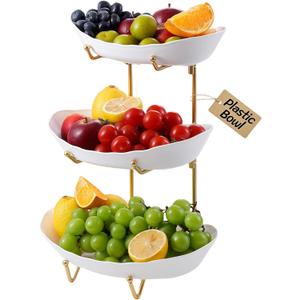 Fruit Bowl for Kitchen Counter - 3 Tier Fruit Basket with Metal Stand, Tiered Fruit Stand for Countertop, Snack, Nuts, Cake, Dessert, Small & Cute (Kid-Friendly Plastic, Gold)