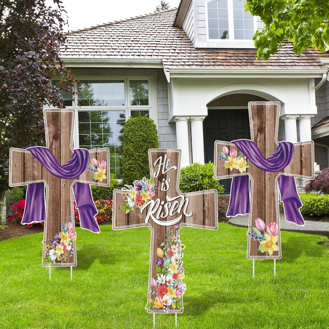Marsui 3 Pcs Easter Decorations Outdoor He Is Risen Yard Decor Religious Easter Yard Signs Waterproof Christian Cross Lawn Stakes for Outside Church Home Garden Porch Party Supplies(Classic)