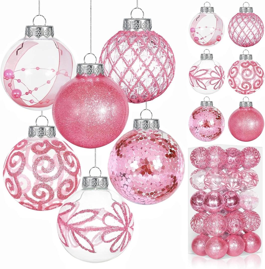 Unves 30 Pcs Pink Christmas Ornaments, 60mm/2.36" Pink Ornaments for Christmas Tree Decorations Set, Farmhouse Rustic Holiday Hanging Xmas Ball for Home Party Decor