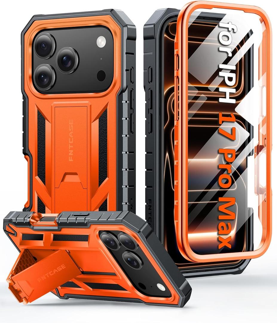 FNTCASE for iPhone 17 Pro-Max Case: Military Grade Drop Proof Protection Mobile Cover with Kickstand | Matte Textured Rugged Shockproof TPU | Protective Sturdy Phone Case - 6.9 inch Orange