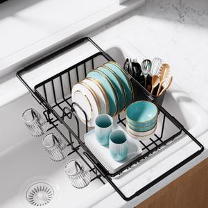 Sakugi Dish Drying Rack in Sink - Expandable Stainless Steel Dish Rack Over The Sink, Kitchen Sink Drain Strainer with Cutlery Holder & Cup Holders, 15.4 x 11.3 x 6.6 Inch, Black