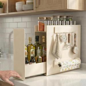 No Assembly Pull Out Spice Rack Countertop, Sliding Drawer for Tall Bottles, with Magnetic Panels with Paper Towel Holder and 4 Hooks