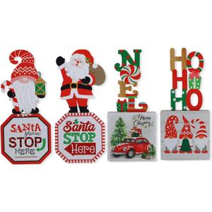 Aovdy 4 Pcs Christmas Table Signs Decorations Wooden Centerpiece Tabletop Gnome Santa Claus Noel HOHOHO Wood Desktop Decor for Kitchen Home Xmas Holiday Party Supplies