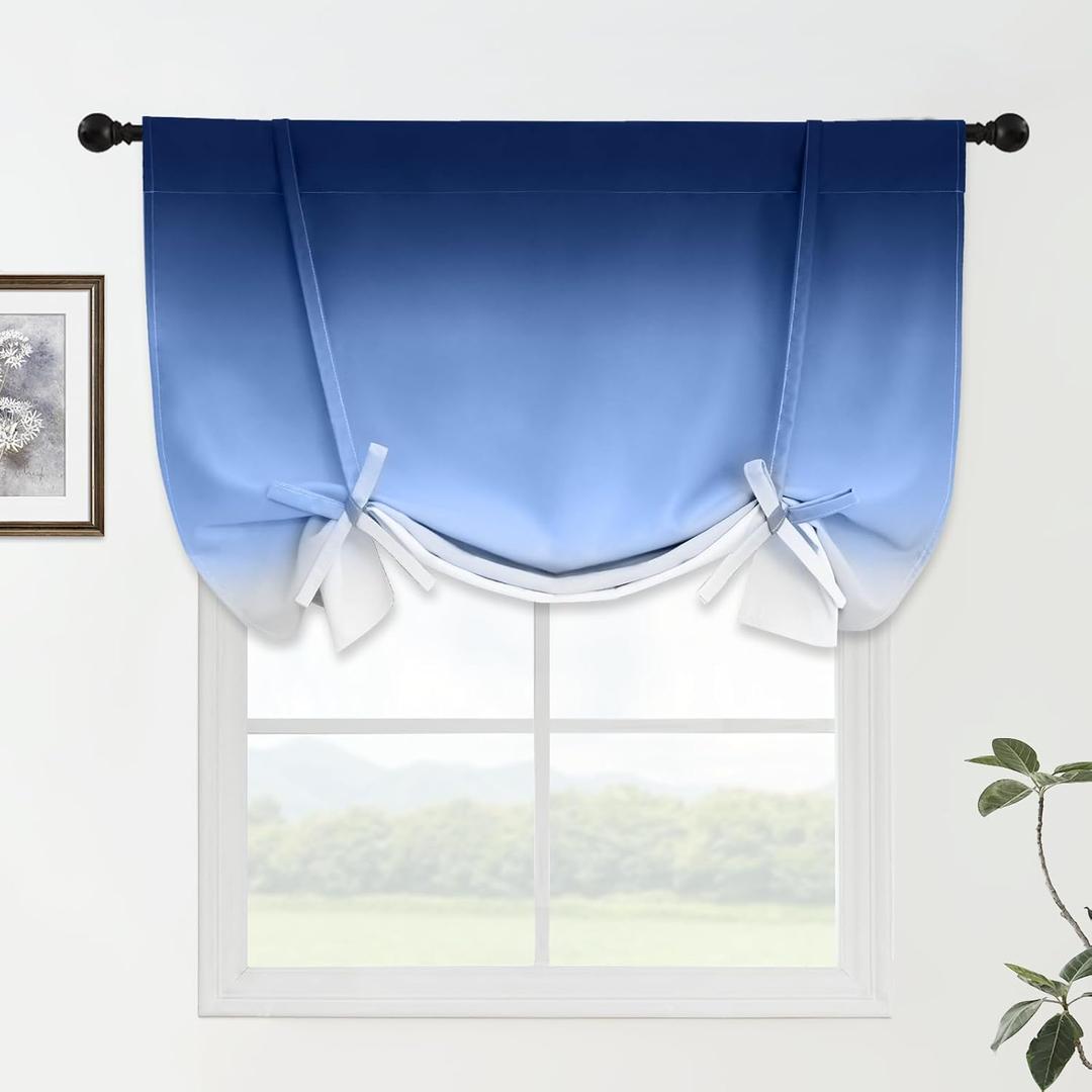 Yakamok Ombre Thermal Insulated Tie Up Curtains for Small Windows Gradient Blue to Grey White Blackout Room Darkening Shades for Bedroom Kitchen Rod Pocket Balloon Curtain W42 X L48 Inches, 1 Panel