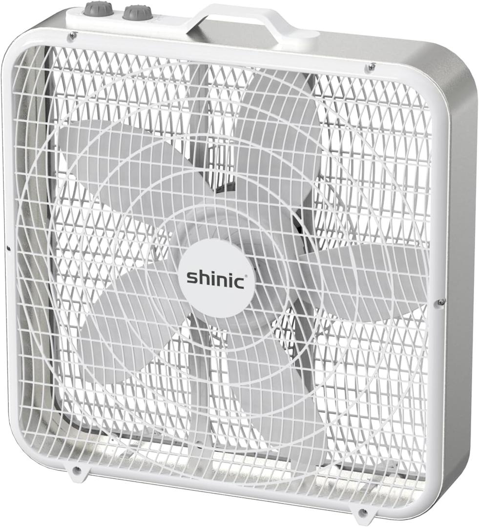 shinic 20” Box Fan with Thermostat for Bedroom, 3-Speed Portable Floor Fan with Carry Handle, Powerful Airflow, 5 Blades, Window Fan and Cooling Fan for Home, Office, Garage, Basement, White