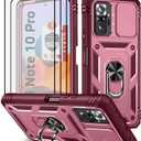 Xiaomi Redmi Note 10 Pro/Pro MAX Case With 3 Pcs Tempered Glass Screen Protector, Built-in Ring Stand Kickstand, Camera Cover - Hard PC Soft TPU Defender Full Body Armor - Wine