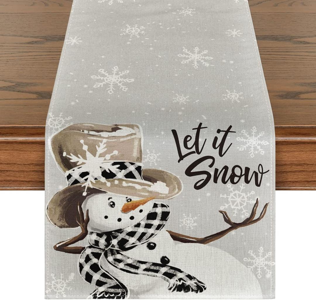 Artoid Mode Grey Snowman Snowflake Let it Snow Christmas Table Runner, Seasonal Winter Kitchen Dining Table Decor for Home Party Indoor 13x90 Inch (Silver)