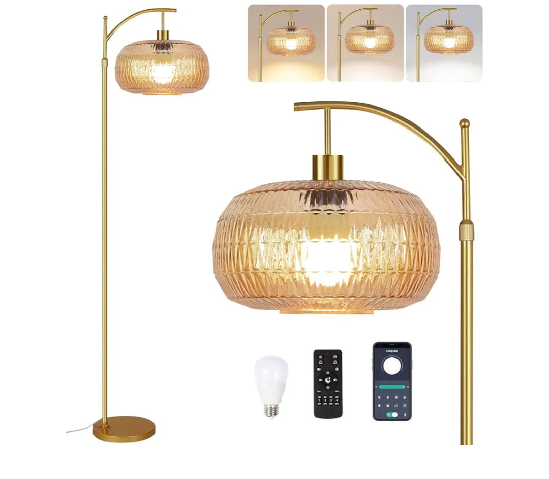 QIYIZM Glass Floor Lamp for Living Room,Bedroom,Gold Dimmable Standing Lamp with Remote,Mid Century Modern Brass Tall Lamp Retro Vintage Lamp Floor Light Boho Bohemian