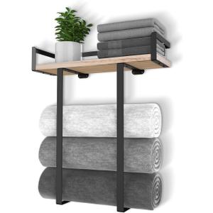 Xstydes Towel Racks for Bathroom Wall Mounted, Metal Towel Holder with Wooden Shelf for Folding Large Towels, Towel Storage for Small Bathroom Organizer Decor or RV Camping