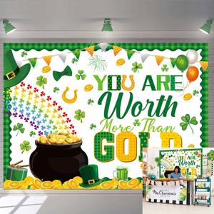 St. Patrick's Day Backdrop You are Worth More Than Gold Photography Background Rainbow Shamrock Lucky Clover Banner Happy St Patricks Day Party Decorations Photo Booth Props (8x6FT)