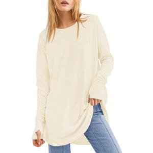 Fisoew Women's Casual Long Sleeve Tops Crew Neck Round Hem Loose T-Shirts Tunic Tops with Thumb Holes (Large)
