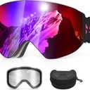 Ski Goggles, Snowboard Goggles with 2 UV400 Anti-Fog Detachable Magnet Lenses for Men & Women Adult, Ver. 2 Burgundy (vlt 17%) +clear (vlt 83.5%)