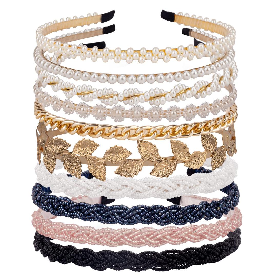 LYroo Pearl Headbands Beaded Headband Metal Head Bands No Slip Hair Accessories for Women Girls,10 Pack (Mix color-3)