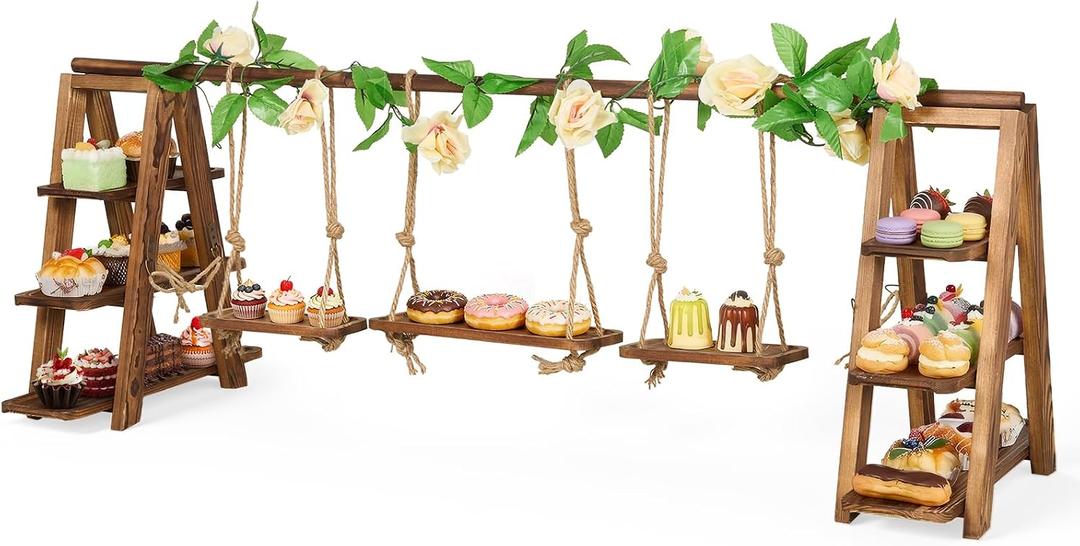 3 Tier Wooden Cupcake Stand with Swing & Flower Decor, Dessert Table Display Set with Removable Trays for Cake Fruit Snack Bread, Rustic Foldable Ladder Stand for Party, Birthday, Wedding & Events