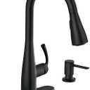 Moen Essie Matte Black Single Handle Pull-Down Sprayer Kitchen Faucet with Soap Dispenser, Reflex and Power Clean Technology, 87014BL