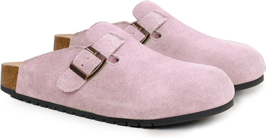 EVELLYHOOTD Women's Men's Suede Clogs Leather Mules Cork Footbed Sandals Comfort Potato Shoes with Arch Support (with Socks), Pink, 38