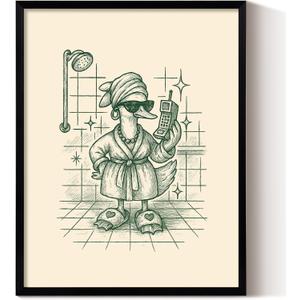 ARPEOTCY Framed Canvas Wall Art, 11x14 Inch Funny Duck in Bathrobe, Humorous Bathroom Wall Decor for Restroom, Toilet, or Powder Room