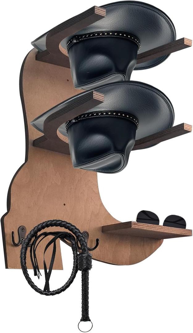 Cowboy Hat Rack, Cowboy Boot Shaped Holder for Wall Western Hat Rack Wooden Organizer, Cowboy Hat Hangers with 2 Hooks and Glasses Holder