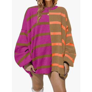Fisoew Womens Striped Pullover Sweater Crew Neck Long Sleeve Knitted Color Block Casual Loose Lightweight Sweaters for Women XL