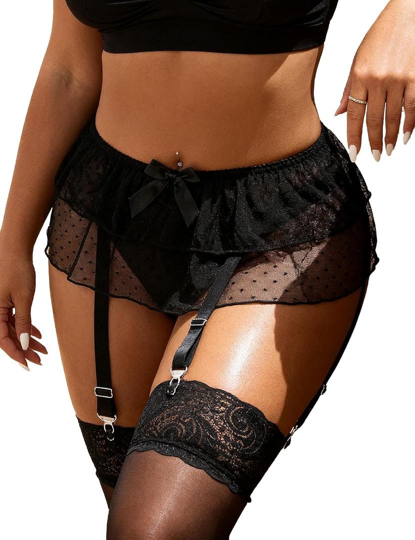 Womens Mesh Lace Micro Skirt with Suspender Belt - Sexy High Waisted Plus Size Garter Belt for Thigh High M-L