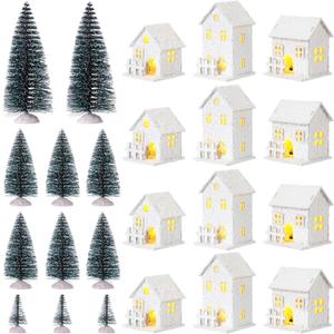 Kajaia 12 Pieces Christmas Winter Houses Village with 12 Pieces Trees Lamp LED Lights Christmas Winter Village Figurine Town Building Accessory for Thanksgiving Halloween (White,Cute Style)