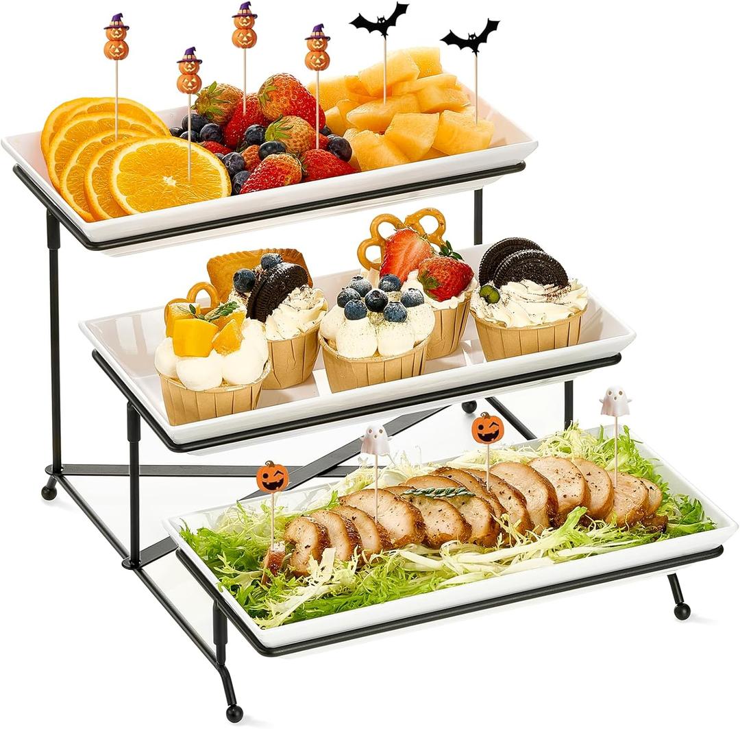 Mfacoy 3 Tier Serving Tray Set, 12" Tiered Serving Trays Platters, Reusable Serving Tray for Party, Collapsible Sturdier Stand with Stable Cross Bars, Serving Platters for Veggie, Fruit, Dessert