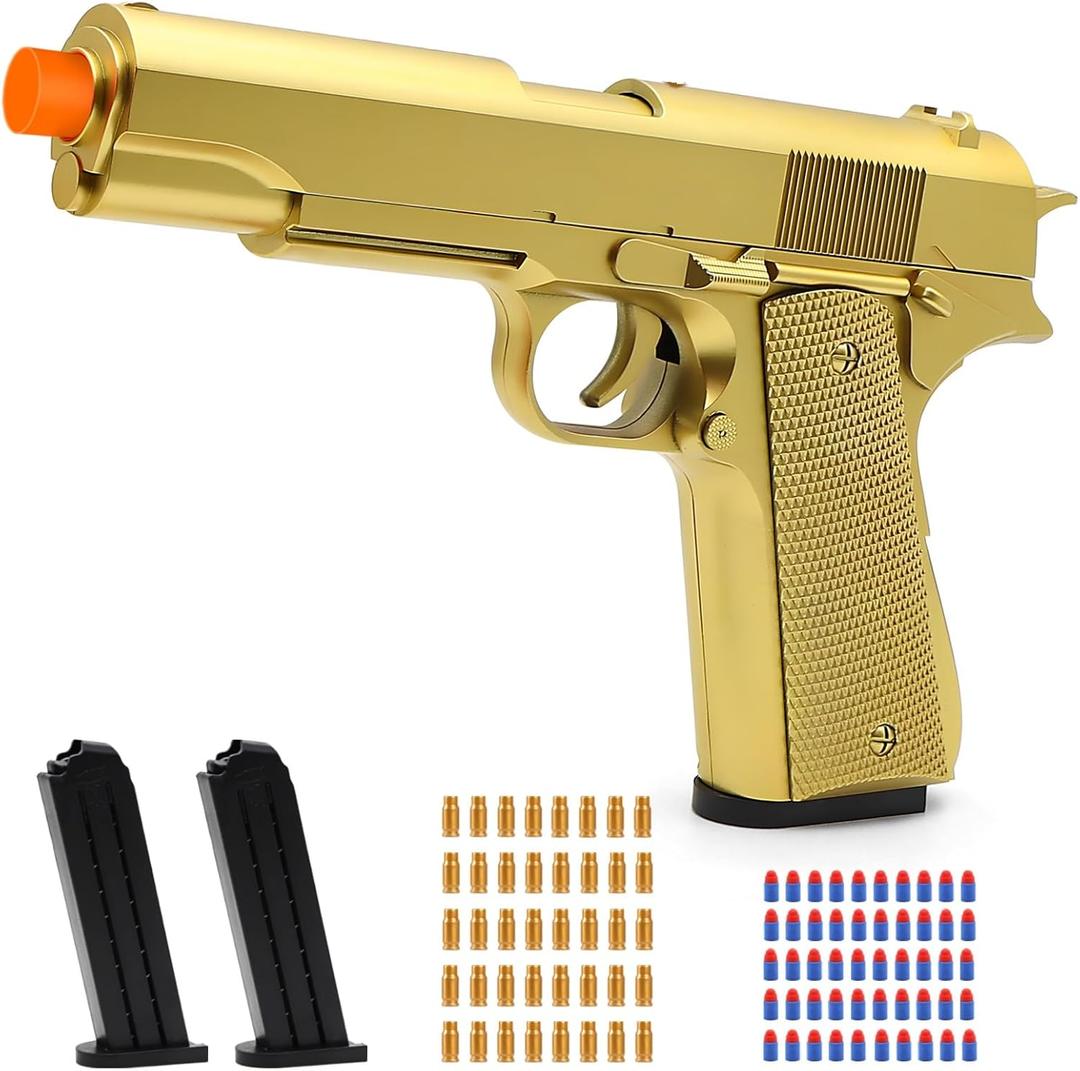 Gold Soft Bullet Toy Gun Shell Ejecting for Boys, Realistic Toy Pistol with 2 Clips, 50 Foam Bullets & 40 Shells, Ideal Christmas Birthday Gift for Boys Adults
