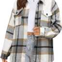 Beaully Women's Flannel Plaid Shacket Fall Winter Outfits Long Sleeve Button Down Shirts Jacket Coats with Side Pockets (Medium, Brown/Grey)