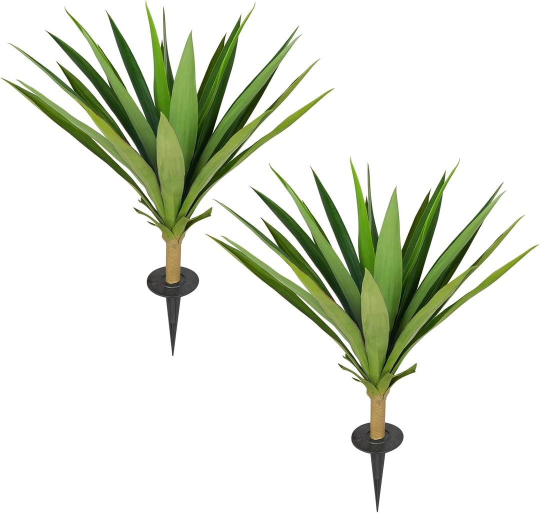 Velener Artificial Agave Plants Outdoor with Ground Spike, Set of 2 UV Resistant Fake Plants, Large Realistic Faux Succulents Plants for Indoor Outdoor Front Porch Garden-22 Inches