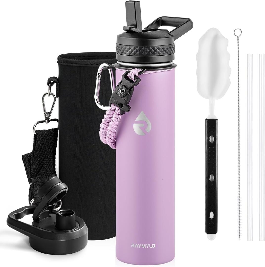 RAYMYLO Insulated Water Bottle 24oz, Triple Wall Vacuum Stainless Steel (Cold for 24Hrs, Hot for 12Hrs), Leak Proof & Non-BPA, 24oz Hydro Water Flask with Paracord Handle & Straw Spout Lids