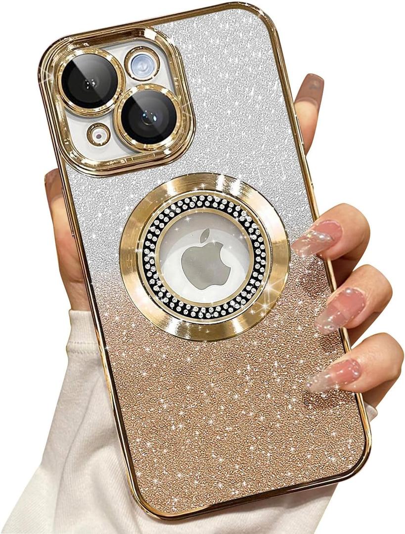 Misscase for iPhone 15 Magnetic Glitter Case Compatible with MagSafe,Full Protection Slim Shockproof Anti-Scratch Case with Camera Lens Protector Logo View Dust-Proof Net for Women Gold