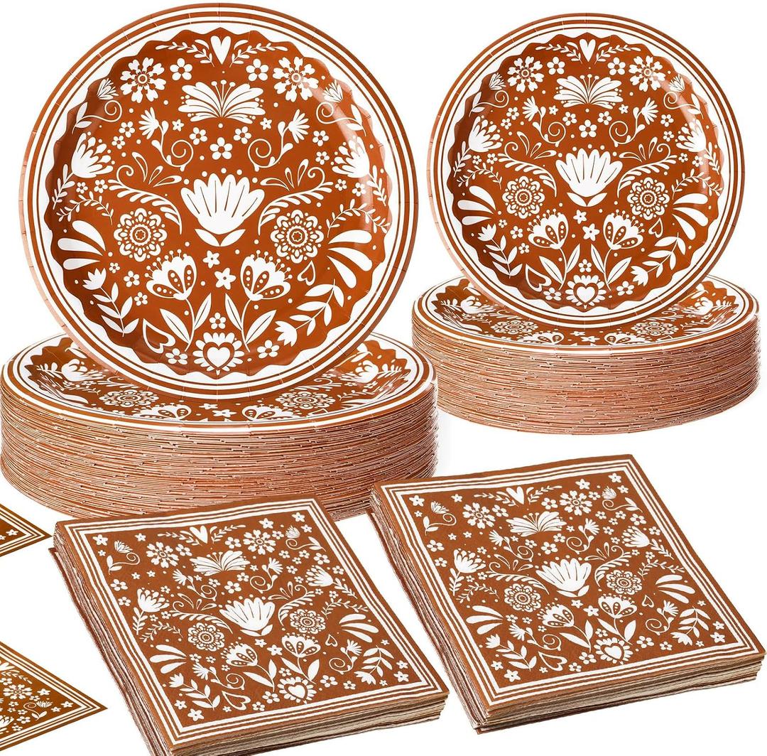 Potchen 180 Pcs Party Plates and Napkins 7'' and 9'' Paper Disposable Plates and Napkins Mexican Summer Beach Party Supplies Decorations Tableware Set Serve 60(Mexico,Brown)