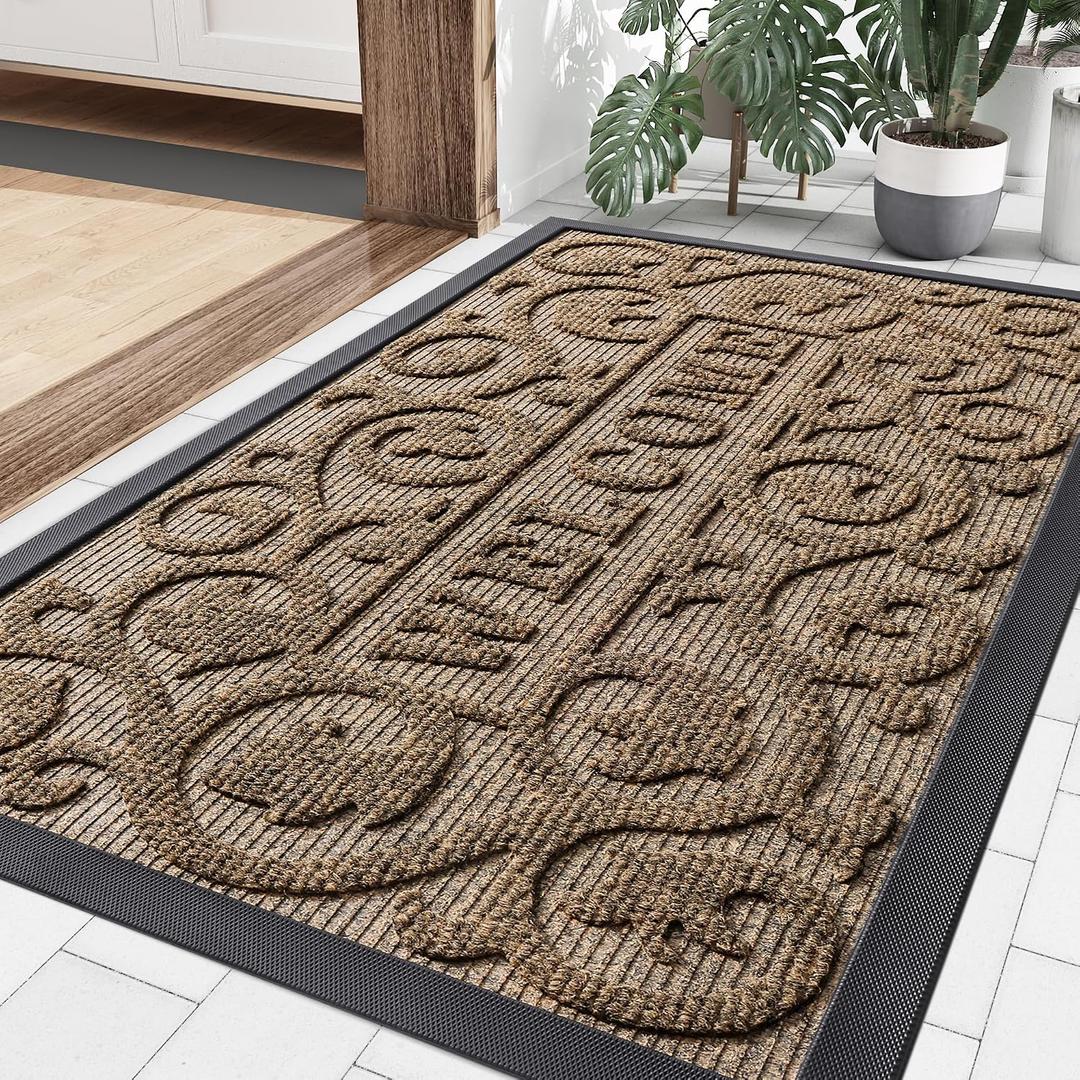 Smiry Welcome Door Mat Outside Entrance, Heavy Duty Trap Dirt and Moisture Easy Clean Low Profile Patio Porch Indoor Outdoor Front Doormat for Entry, 35x23 Inch, Brown