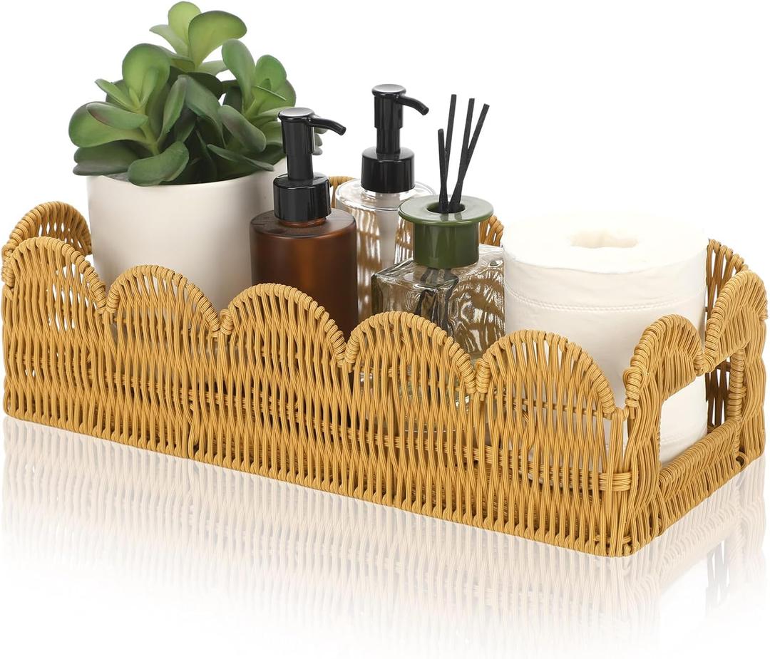 Scalloped Wicker Toilet Tank Basket for Bathroom Rattan Edge Basket Storage Organizer Toilet Paper Holder for Bedroom Living Room Countertop Shelves