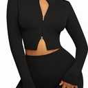 FeelinGirl Workout Sets for Women 2 Piece Gym Outfits High Waist Yoga Leggings and Long Sleeve Crop Top with Zipper (Medium, Black)