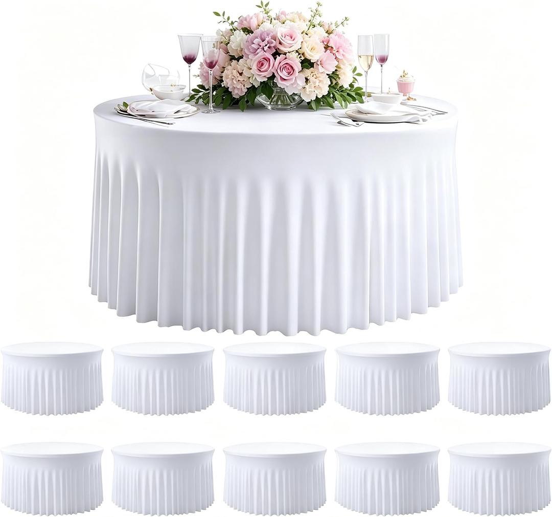 10 Pack White 120 Inch Stretchy Fitted Spandex Tablecloths for 60 Inch Round Tables, Wrinkle Free Washable Polyester Table Covers with Skirt for Wedding Birthday Banquet Events, 120 Spandex Tablecloths -10pcs