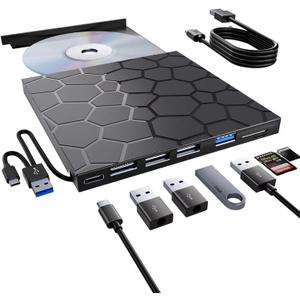 External CD/DVD Drive for Laptop, Portable DVD Player for Laptop, 8 in 1 USB 3.0 CD/DVD-ROM +/-RW CD Burner,cd Drive External USB cd Reader Compatible with Desktop Mac,Windows 11/10/8/7 Linux