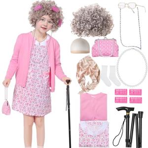 Kicpot Old Lady Costume for Kids Girls 100 Days Of School Costume Grandma Costume Granny Old Lady Dress Up (Pink, 5-7Y) 