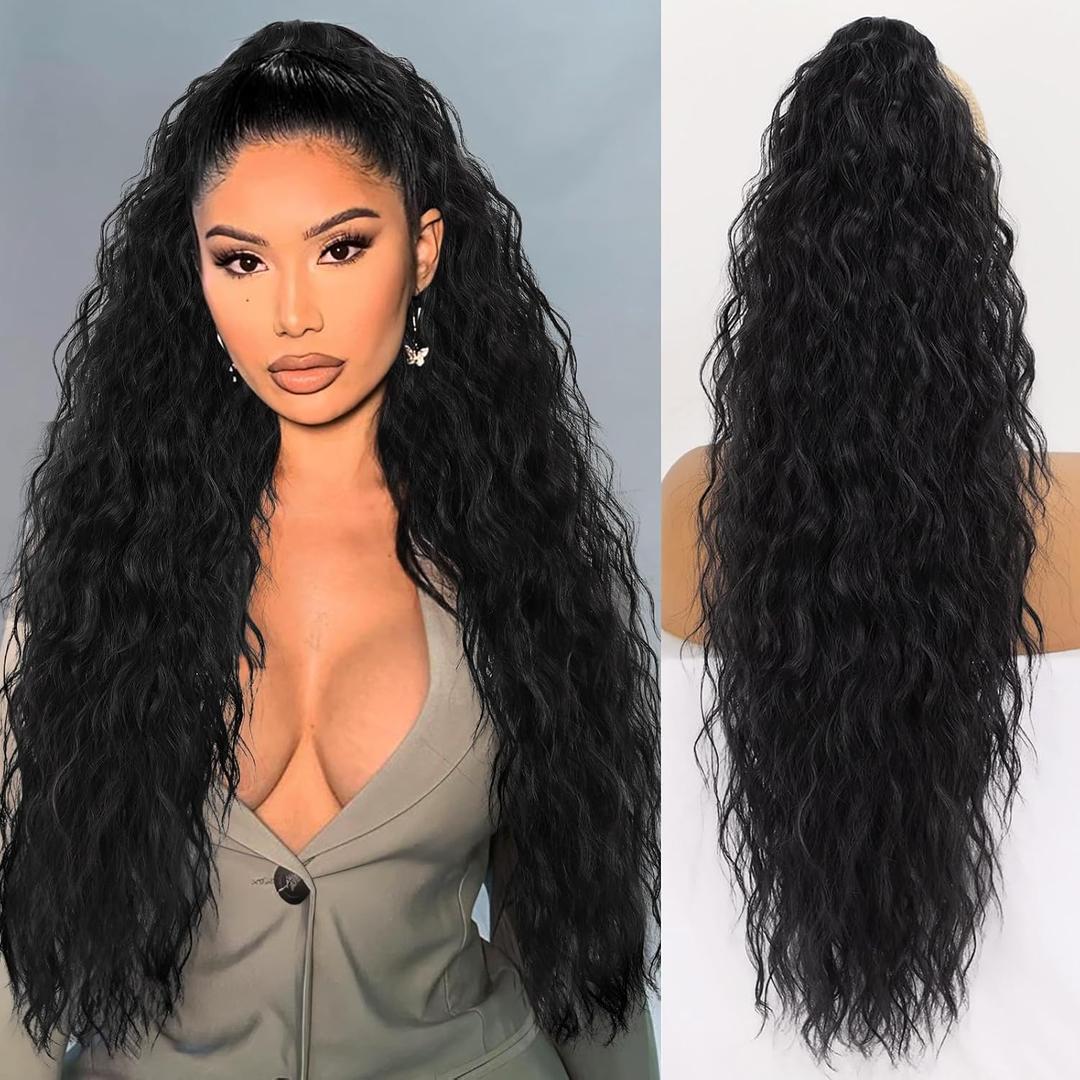 ORSUNCER Ponytail Extension Claw 30" Curly Pony Tail Clip in Hair Extensions Fluffy Natural Looking Synthetic Hairpiece for Women Black